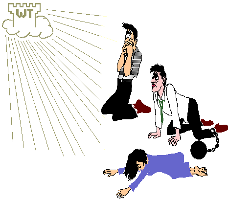 [Watchtower in cloud, radiating blessings down onto prostrate worshippers in chains]