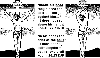 [Above his HEAD (not hands)=Matt. 27:37, in his hands the print of the NAILS (plural)-John 20:25, BOTH DESCRIBE A CROSS not an upright stake]