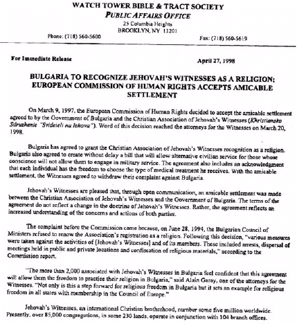 [April 27, 1998, Watch Tower press release]