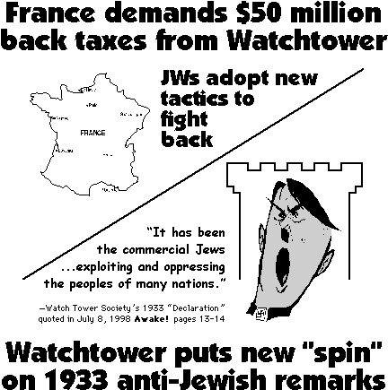 [France demands $50 million back taxes from Watchtower, Watchtower puts new spin on 1933 anti-Jewish remarks]