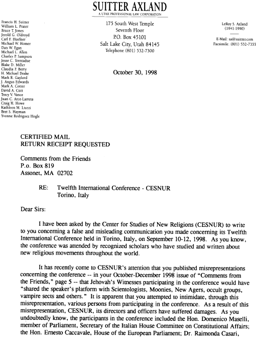 [Salt Lake City lawyer's letter threatinging to sue, page 1]